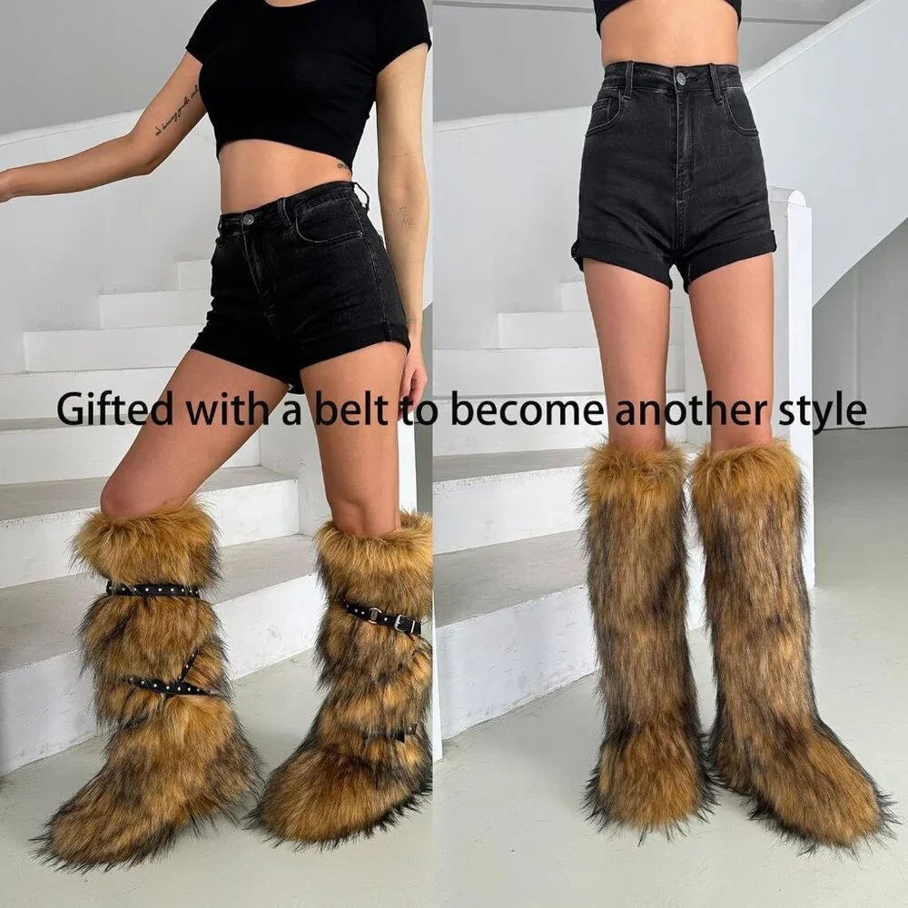 🆕Women Brown Faux Fur Fluffy Cosy Round Toe Knee High Warm Outdoor Fur Boot